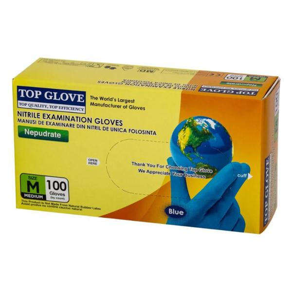 Manusi Colorate de Examinare Nitril Nepudrate Albastre, Marimea M, Top Glove, 100 buc