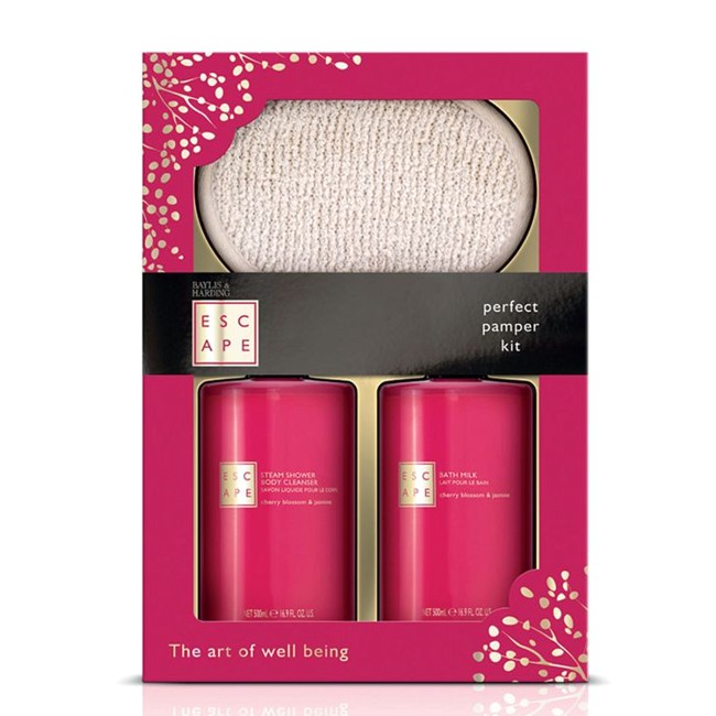 Set Cadou Baylis & Harding Cherry Blossom & Jasmine Benefit Set - Gel de Dus 500ml, Lapte de Baie 500ml, Manusa Exfolianta