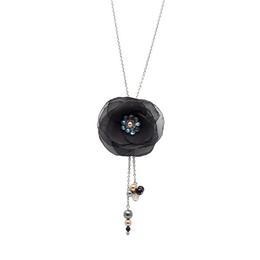 Colier lung handmade, elegant, cu perle Swarovski si onix, din otel inoxidabil, floare neagra, Zia Fashion