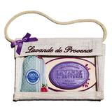 Set Cadou Poseta Iuta Sapun Marsilia 100g Lavanda Savoniera Ceramica si Saculet Flori Lavanda  Provence 18g Le Chatelard 1802