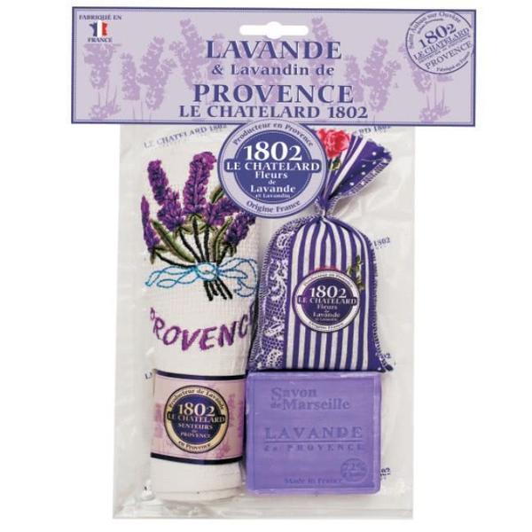 Set Cadou Sapun Natural Marsilia 100g Lavanda Saculet Flori Lavanda Naturala de Provence 18g Prosop Brodat Le Chatelard 1802