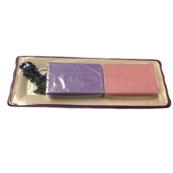 Set Cadou Savoniera Ceramica Dubla Sapun Natural Marsilia 100g Lavanda Provence si Trandafir Bujor Rose Pivoine Le Chatelard