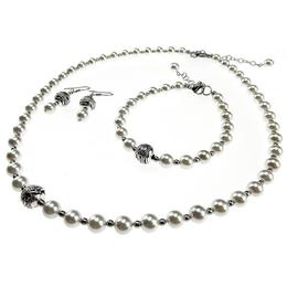 Set clasic perle albe tip Mallorca, GlamBazaar, 42 cm, cu Perle, Alb, tip set bijuterii handmade cu pietre naturale