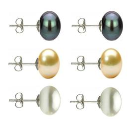Set Cercei Argint cu Perle Naturale Negre, Crem si Albe de 10 mm - Cadouri si perle