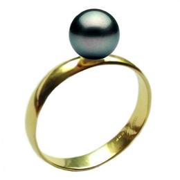 Inel din Aur cu Perla Naturala Neagra Premium de 8 mm, 14 karate, marimea 15,7 mm