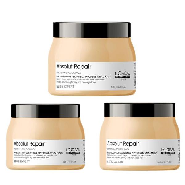 Pachet 3 x Masca Restructuranta pentru Par Deteriorat - L&#039;Oreal Professionnel Absolut Repair Gold Quinoa + Protein Instant Resurfacing Masque, 500ml