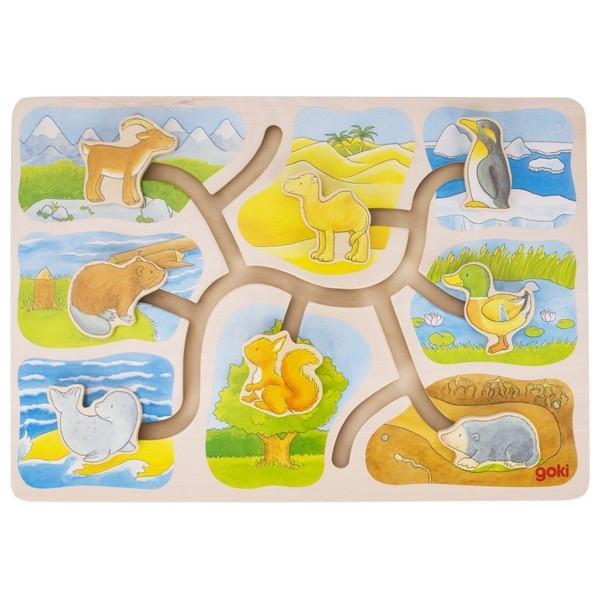 Puzzle - Labirint din lemn Casutele animalelor - Goki