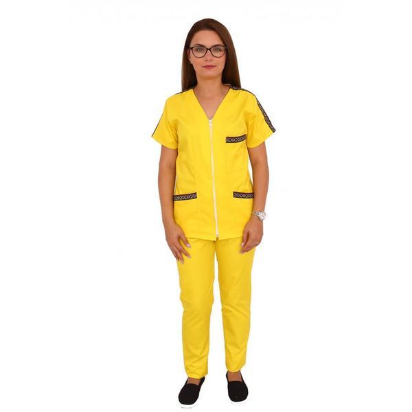 Costum medical galben cu motive traditionale, femei, cu anchior in forma V, M INTL