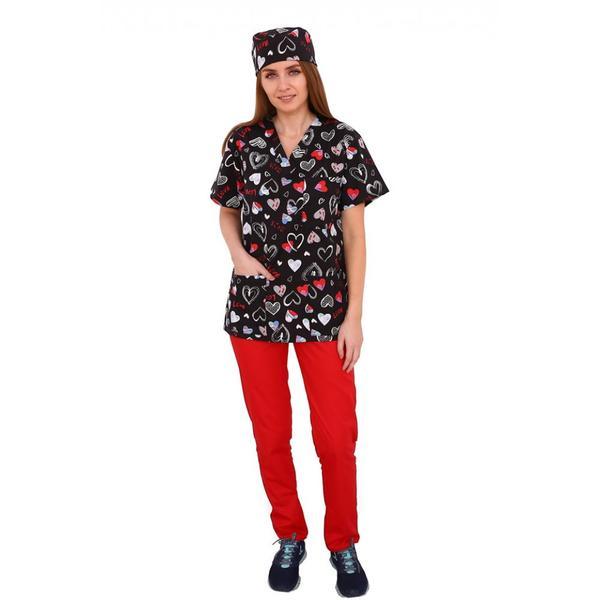 Costum medical imprimat Love, femei, cu anchior in forma V si pantaloni rosii, XS INTL