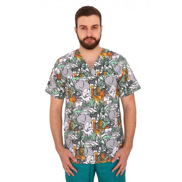 Halat medical imprimat Jungle, barbati, cu anchior in forma V, cu trei buzunare aplicate, XL INTL