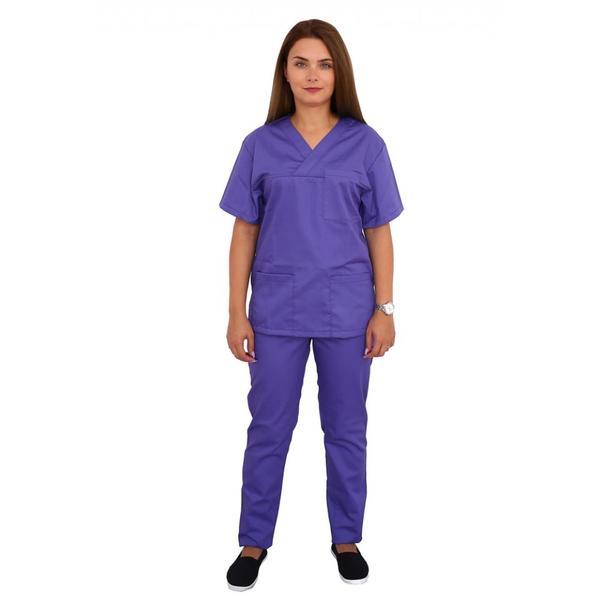 Costum medical, unisex, cu anchior in forma V, cu trei buzunare aplicate, mov, XL INTL