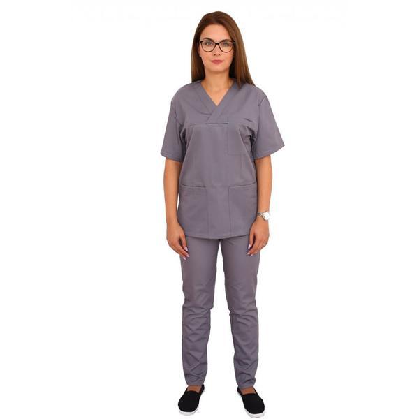 Costum medical, unisex, cu anchior in forma V, cu trei buzunare aplicate, gri, 2XL INTL