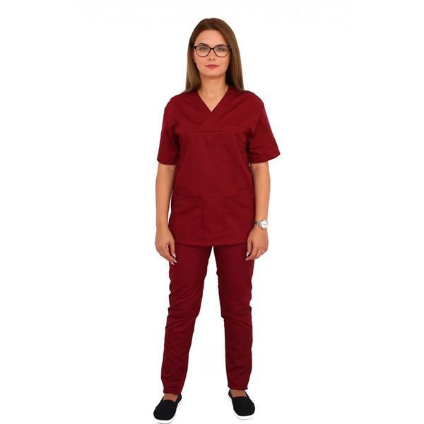 Costum medical, unisex, cu anchior in forma V, cu trei buzunare aplicate, visiniu, XL INTL