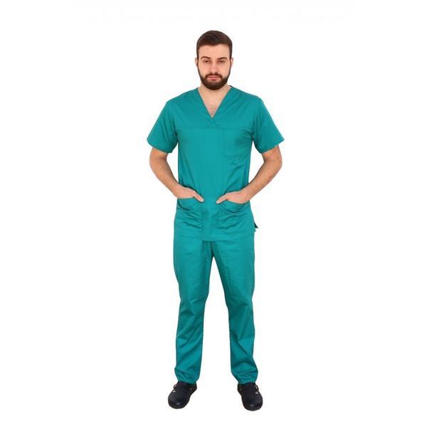 Costum medical, unisex, cu anchior in forma V, cu trei buzunare aplicate, verde, L INTL