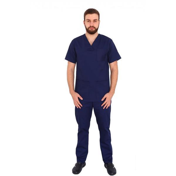 Costum medical, barbati, cu anchior in forma V, cu trei buzunare aplicate, bleomarin, XL INTL