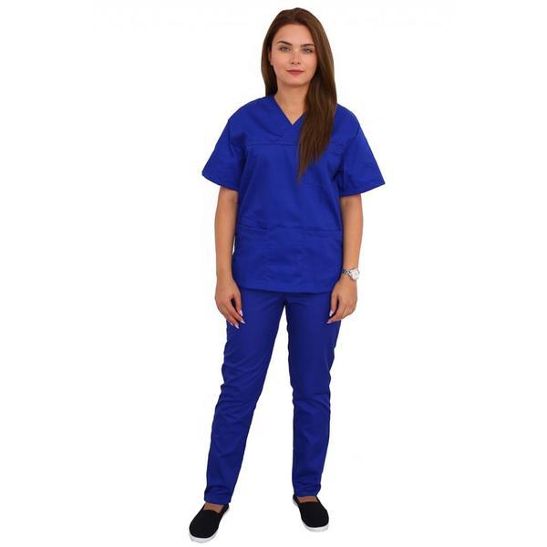 Costum medical, unisex, cu anchior in forma V, cu trei buzunare aplicate, albastru, M INTL