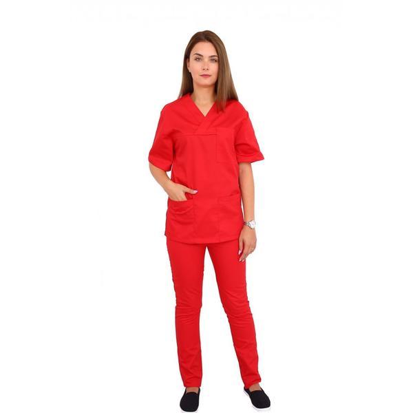 Costum medical, unisex, cu anchior in forma V, cu trei buzunare aplicate, rosu, XS INTL