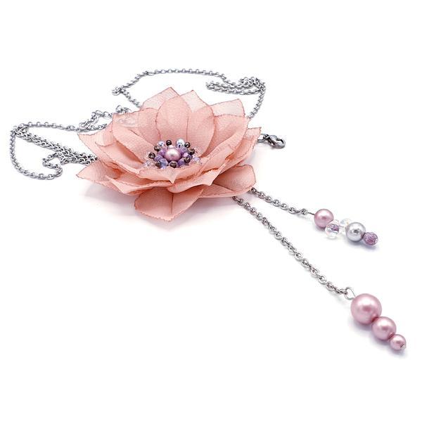 Colier lung elegant, floare roz pudra, perle Swarovski, Pink Fairy, Zia Fashion