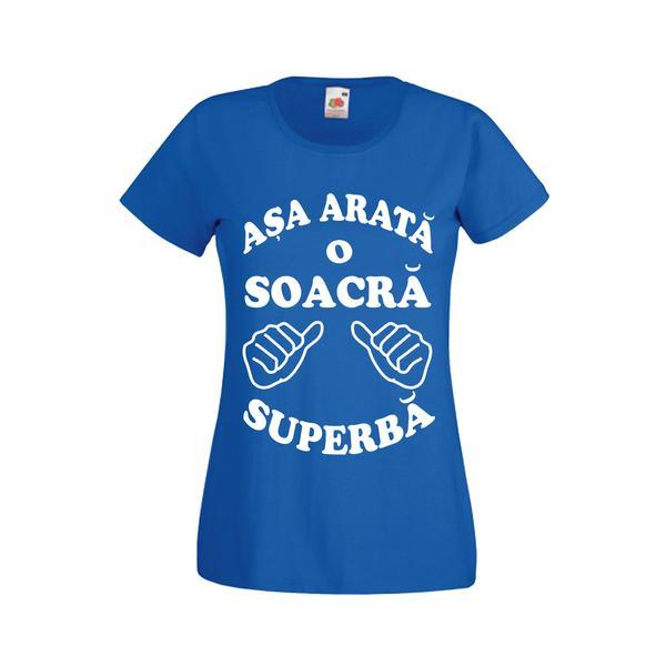 Tricou dama personalizat Fruit of the loom, albastru, Asa arata o soacra superba XL