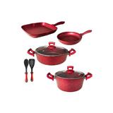 Set 8 piese Hascevher Germanitium oala 3l cu capac,cratita 3,9l cu capac si 2 tigai  22cm si tigaie grill 28cm  granit-red inductie,lingura servire cu spatula bucatarie