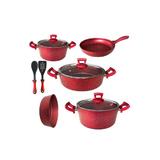 Set 10 piese Hascevher Germanitium 2 oale 3l si 4,9l cu capac,cratita 3,9l cu capac si tigaie 22cm cu tava cuptor rotunda 30cm granit-red inductie,lingura servire cu spatula bucatarie