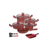 Set 12 piese Hascevher Germanitium 3 oale 3l,4l si 4,9l cu capac,cratita 3,9l cu capac, tigaie 22cm si tigaie grill 28cm granit-red inductie,lingura servire cu spatula bucatarie