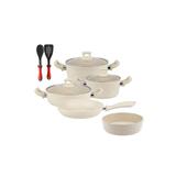 Set 10 piese Hascevher Germanitium 2 oale 3l si 4,9l cu capac,cratita 3,9l cu capac si tigaie 22cm cu tava cuptor rotunda 30cm granit-crem inductie,lingura servire cu spatula bucatarie