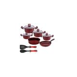 Set 12 piese Hascevher Germanitium 4 oale 3l,4l ,4,9lsi 5,8l cu capac, tigaie 22cm si tava rotunda 30cm granit-red inductie,lingura servire cu spatula bucatarie