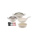 Set 8 piese Hascevher Germanitium oala 3l cu capac,cratita 3,9l cu capac, tigaie 22cm  si tava cuptor rotunda 30cm granit-crem inductie,lingura servire cu spatula bucatarie