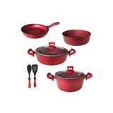 Set 8 piese Hascevher Germanitium oala 3l cu capac,cratita 3,9l cu capac si tigaie  22cm si tava rotunda30cm granit-red inductie,lingura servire cu spatula bucatarie