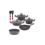 Set 10 piese Hascevher Germanitium 2 oale 3l si 4,9l cu capac,cratita 3,9l cu capac si tigaie 22cm cu tava cuptor 30cm granit-gri inductie,lingura servire cu spatula bucatarie