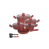 Set 11 piese Hascevher Germanitium 3 oale 3l,4l si 4,9l cu capac,cratita 3,9l cu capac si tigaie 22cm granit-red inductie,lingura servire cu spatula bucatarie