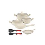 Set 10 piese Hascevher Germanitium 2 oale 3l si 4,9l cu capac,cratita 3,9l cu capac si tigaie 22cm cu tigaie grill 28cm  granit-crem inductie,lingura servire cu spatula bucatarie