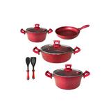 Set 9 piese Hascevher Germanitium 2 oale 3l si 4,9l cu capac,cratita 3,9l cu capac si tigaie 22cm granit-red inductie,lingura servire cu spatula bucatarie