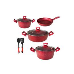 Set 9 piese Hascevher Germanitium 2 oale 3l si 4,9l cu capac,cratita 3,9l cu capac si tigaie 22cm granit-red inductie,lingura servire cu spatula bucatarie