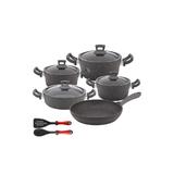 Set 11 piese Hascevher Germanitium 3 oale 3l,4l si 4,9l cu capac,cratita 3,9l cu capac si tigaie 22cm granit-gri inductie,lingura servire cu spatula bucatarie