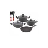 Set 9 piese Hascevher Germanitium 2 oale 3l si 4,9l cu capac,cratita 3,9l cu capac si tigaie 22cm granit-gri inductie,lingura servire cu spatula bucatarie