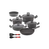 Set 12 piese Hascevher Germanitium 3 oale 3l,4l si 4,9l cu capac,cratita 3,9l cu capac, tigaie 22cm si tava rotunda 30cm granit-gri inductie,lingura servire cu spatula bucatarie