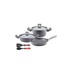 Set 7 piese Hascevher Germanitium oala 3l cu capac,cratita 3,9l cu capac si tigaie 22cm granit-gri inductie,lingura servire cu spatula bucatarie