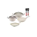 Set 8 piese Hascevher Germanitium oala 3l cu capac,cratita 3,9l cu capac si 2 tigai  22cm si 26cm blinele granit-crem inductie,lingura servire cu spatula bucatarie