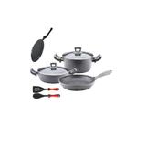 Set 8 piese Hascevher Germanitium oala 3l cu capac,cratita 3,9l cu capac si 2 tigai  22cm si 26cm blinele granit-gri inductie,lingura servire cu spatula bucatarie