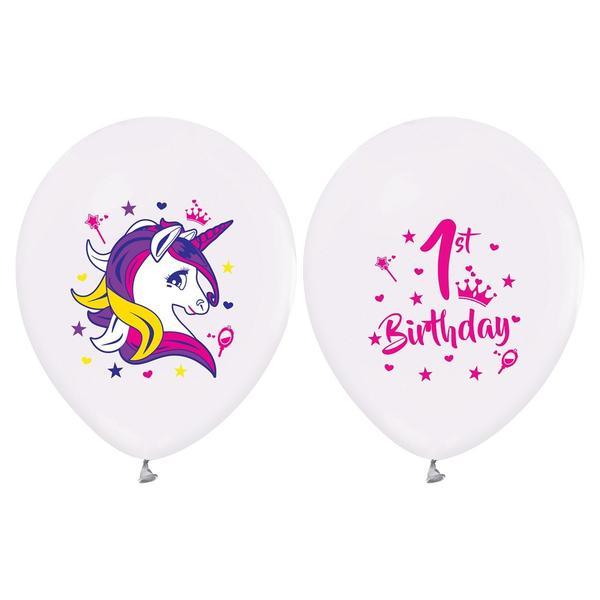 Set 5 baloane latex 30 cm -1st Birthday (Unicorn) - Tomvalk