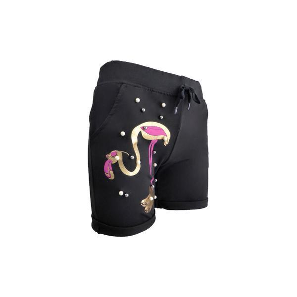 Pantaloni scurti dama, negru cu imprimeu flamingo si perle albe si argintii, S