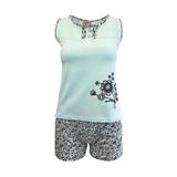 Pijama dama, Univers Fashion, maiou turcoaz cu imprimeu flori, pantaloni scurti albi cu imprimeu flori albastre cu 2 buzunare, XL
