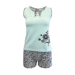 Pijama dama, Univers Fashion, maiou turcoaz cu imprimeu flori, pantaloni scurti albi cu imprimeu flori albastre cu 2 buzunare, M