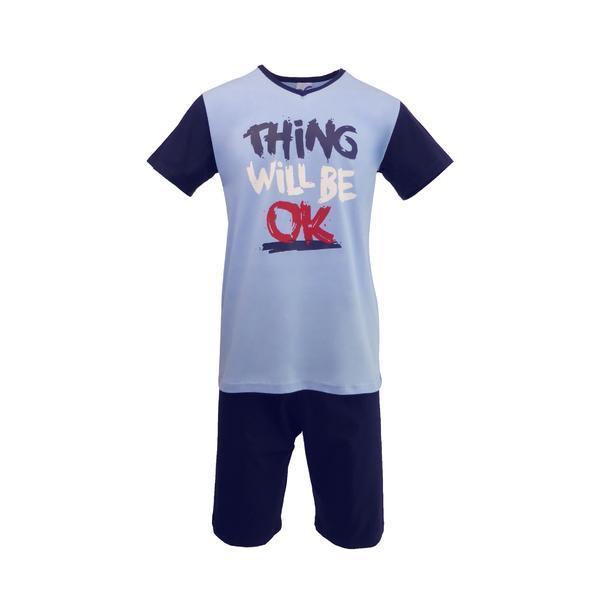 Pijama pentru barbat, Univers Fashion, bluza albastru deschis cu imprimeu 'Thing will be ok', pantaloni scurti albastru inchis uni, XL