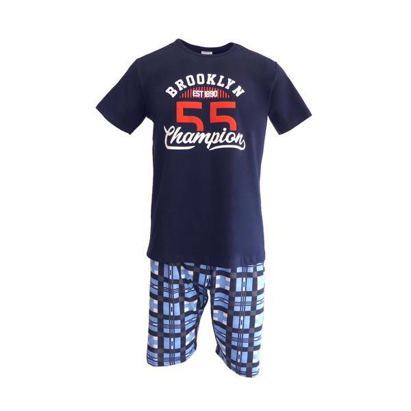 Pijama pentru barbat, Univers Fashion, bluza albastru inchis cu imprimeu 'Brooklyn Champion', pantaloni scurti albastru deschis cu imprimeu carouri, L