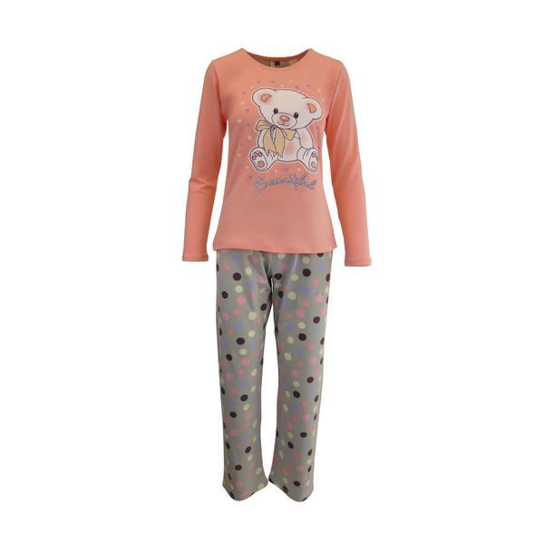 Pijama dama, Univers Fashion, bluza roz somon cu imprimeu ursulet, pantaloni gri deschis cu imprimeu buline, M