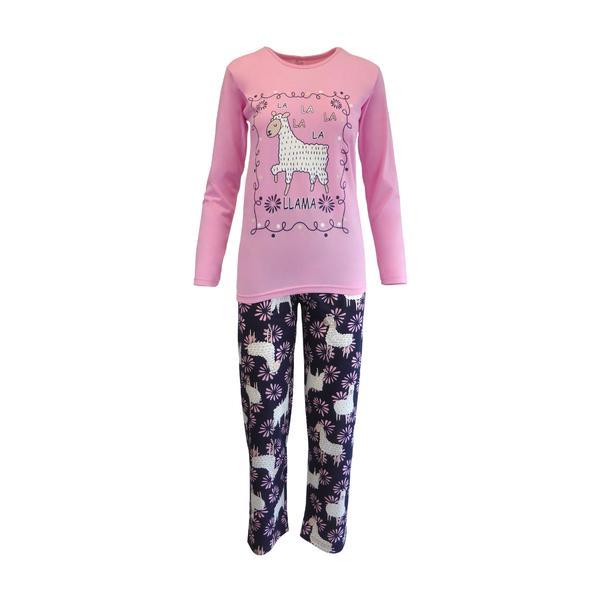 Pijama dama, Univers Fashion, bluza roz cu imprimeu lama, pantaloni albastru cu imprimeu lama, L