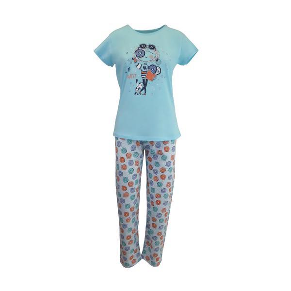 Pijama dama, Univers Fashion, bluza albastru cu imprimeu feta si pisica, pantaloni albastru deschis cu imprimeu pisici, 2XL